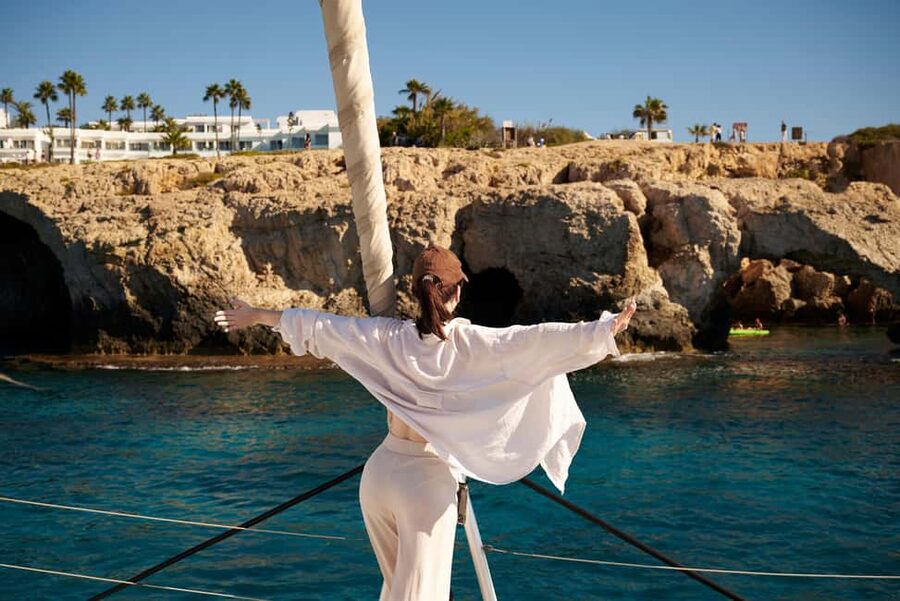 Ayia Napa: Luxury Catamaran Cruise with Lunch & Drinks - Cape Greco National Forest Park stop: cliffs, arches, and quick swim windows