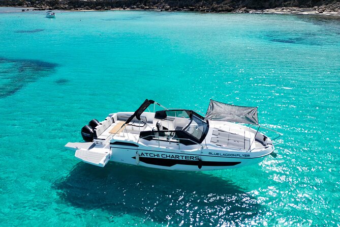 Luxury Charter on Blue Lagoon Flyer (Karnic CS10) to Blue Lagoon - Stop 1: Blue Lagoon for swimming and snorkeling in Akamas
